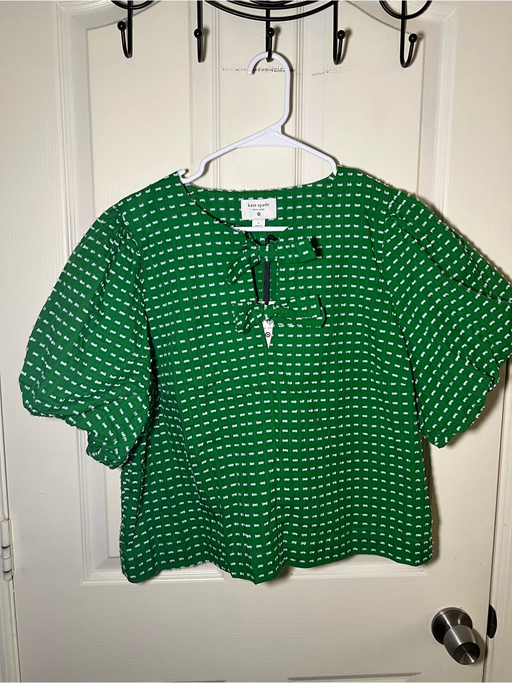 Kate Spade New York Green Textured Puff Sleeve Bow Top L NWT